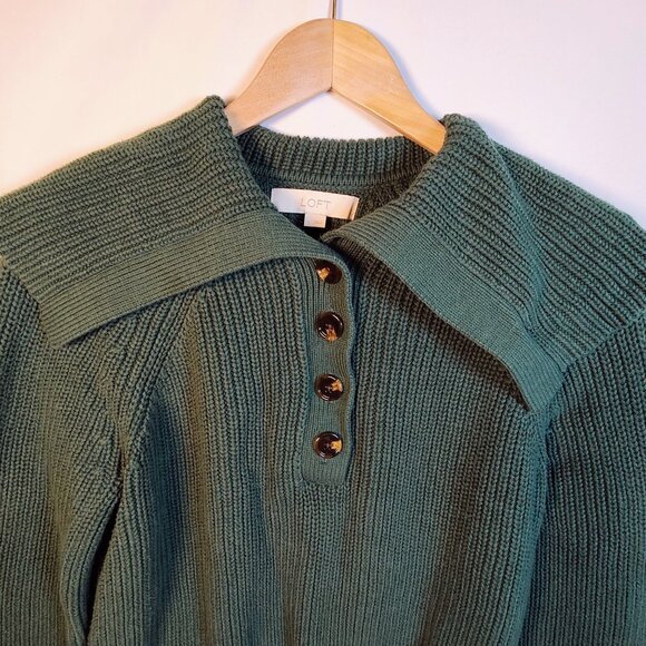Loft Women's Large Green Ribbed Collared Sweater - Picture 4 of 10